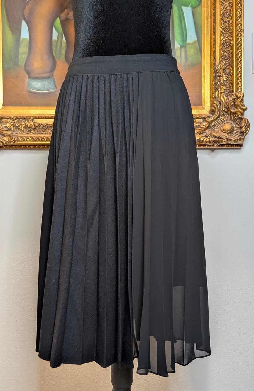 Elie Tahari Black Pleated Midi Skirt Half Wool Chiffon Women 10 Ethereal Romance